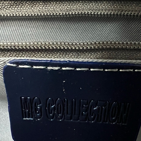 MG COLLECTION “MATANA” High Gloss Blue Faux Patent Leather Evening Satchel - Picture 6 of 11